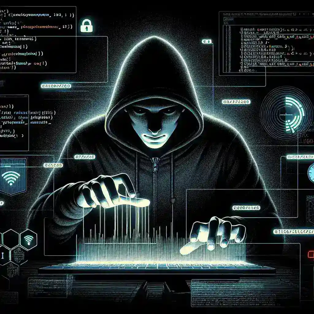 "Illustration of a hacker manipulating system logs on a computer screen to cover tracks, depicting cybersecurity threats and digital forensics in action."