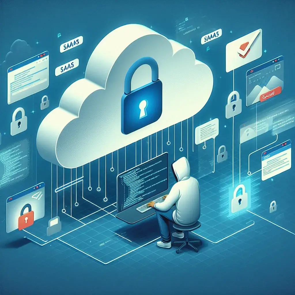 "Ethical hacker analyzing security vulnerabilities in a SaaS platform interface on a laptop, showcasing essential practices for enhancing cybersecurity"