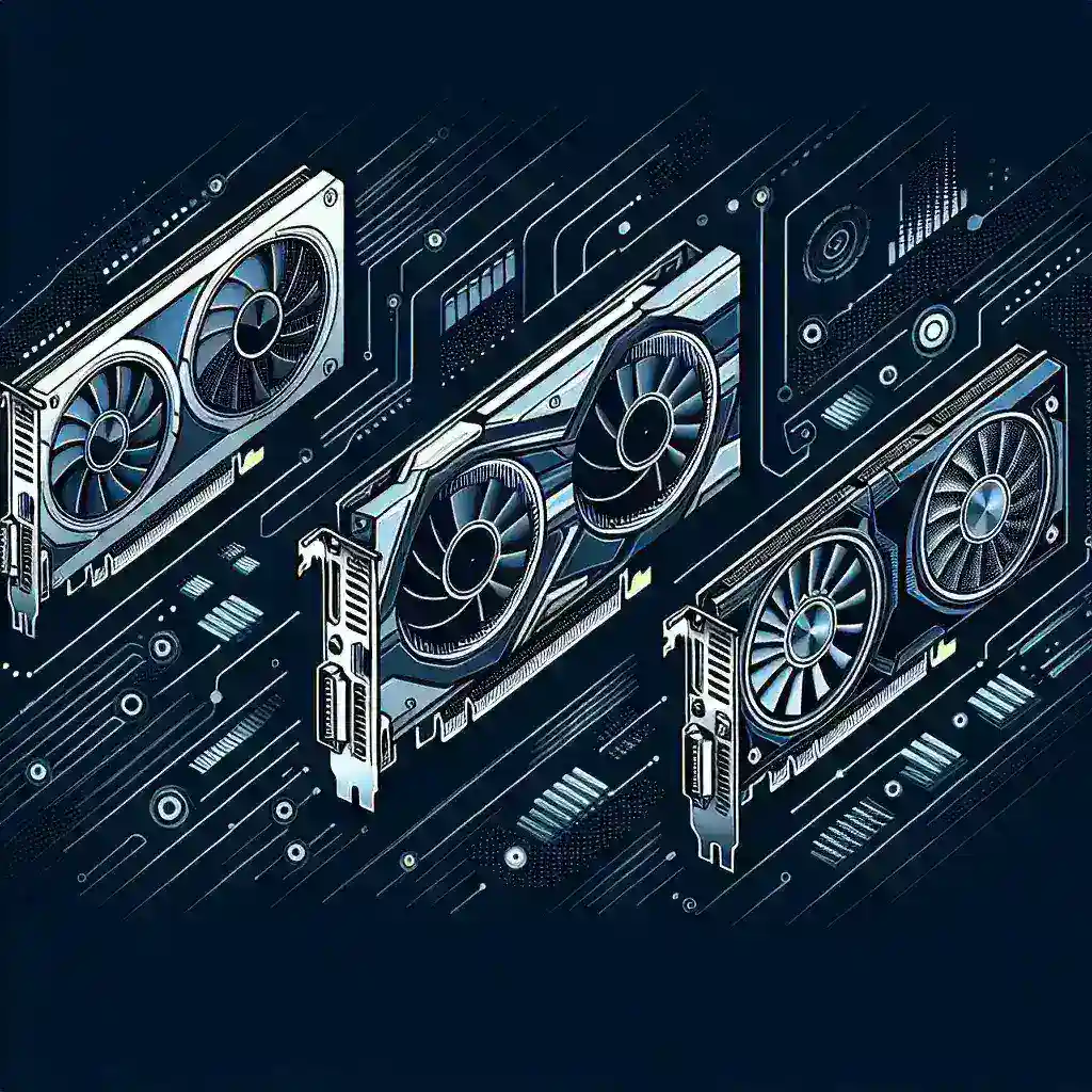 "Close-up view of NVIDIA RTX 5070, 5080, and 5090 graphics cards showcasing advanced cooling systems and sleek designs, representing the latest in gaming technology and performance."