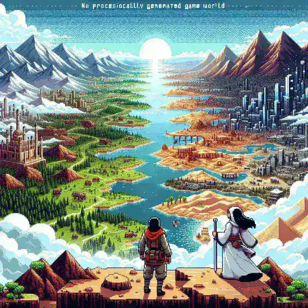 "Procedurally generated game world showcasing diverse landscapes and unique structures, illustrating unlimited exploration opportunities in gaming environments."