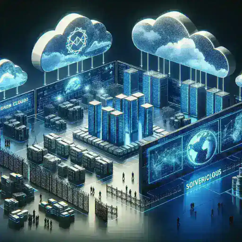 "Visual representation of hyperscaler data centers illustrating geopolitical restrictions and sovereign clouds, showcasing advanced technology infrastructure and compliance solutions for global digital governance."