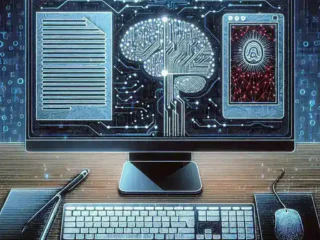 "Microsoft Office logo with AI writing tools interface displayed on a laptop screen, illustrating the integration of advanced artificial intelligence features in Word and Outlook for enhanced productivity"