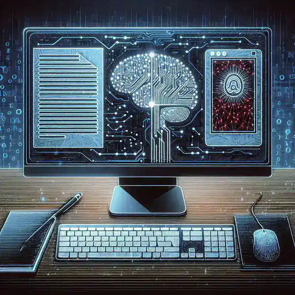 "Microsoft Office logo with AI writing tools interface displayed on a laptop screen, illustrating the integration of advanced artificial intelligence features in Word and Outlook for enhanced productivity"